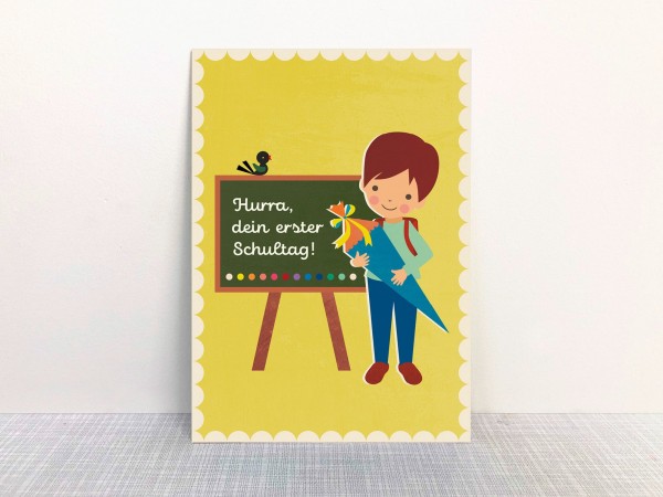 Postkarte Hurra dein 1. Schultag Junge gelb
